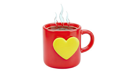 Red Mug with Yellow Heart and Steaming Coffee