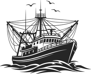 Detailed black and white vector of commercial fishing trawler with nets on waves for maritime industry branding