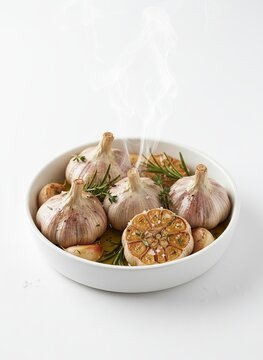 Roasted garlic bulbs with herbs.