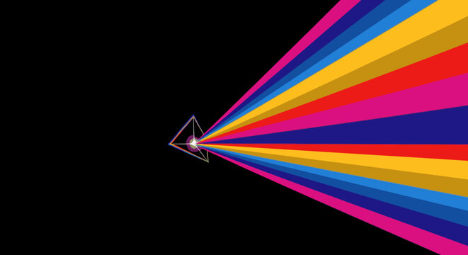 A vibrant spectrum of colors emanates from a geometric prism, illustrating the scientific principle of light dispersion against a stark black background.