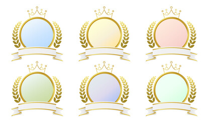 Pastel-colored medal icon set. Crown and ribbon. For rankings, satisfaction ratings, etc. / パステルカラーのメダルのアイコンセット。王冠とリボン。ランキングや満足度などに。