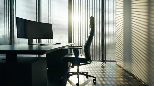 Office setup with desk, chair, blinds creating light/shadow pattern. Modern and sleek design