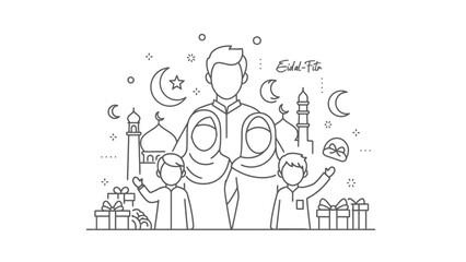 Fototapeta premium Family Celebrating Eid with Gifts and Mosque