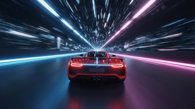 Red sports car races through a futuristic tunnel with vibrant neon lights.