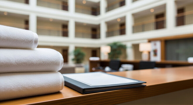 Stack of clean white towels and menu on counter in hotel lobby, hospitality service