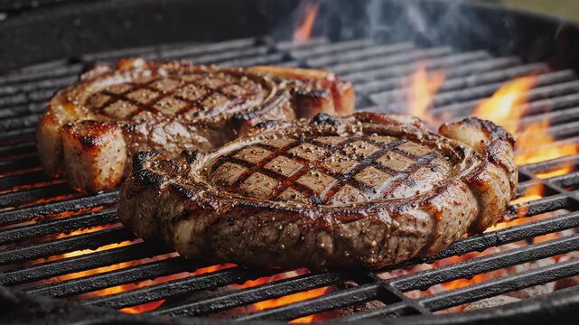 Steaks Grilling on Open Flame