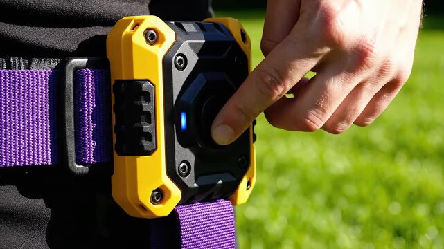 Person pressing button on outdoor device