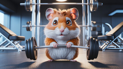 Adorable fluffy hamster lifting heavy barbells in a modern gym setting for a workout session