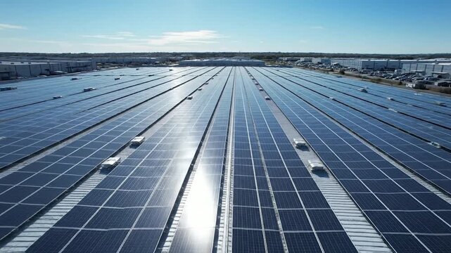 Extensive solar panel array covers a large industrial building roof, generating