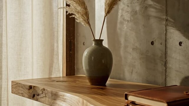 Still life composition featuring natural elements, a vase with pampas, and a leather-bound notebook on wood