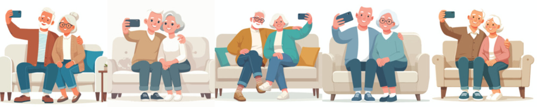 vector old couple sitting on sofa happily taking selfie together