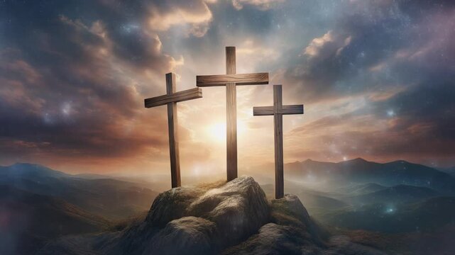 Three crosses on the mountain. Jesus Ascends to Heaven Scene.