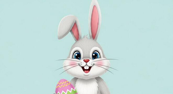 Happy cartoon easter bunny with colorful egg on light blue background smiling and cheerful