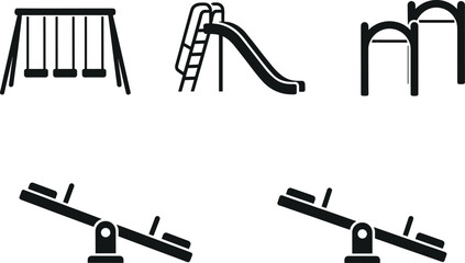 Black playground icon set featuring swings slide monkey bars and seesaw elements for park equipment design isolated on white background vector © Ponkaj