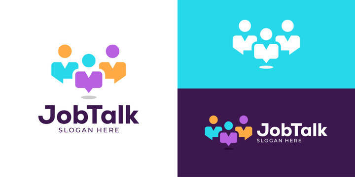 Creative simple job talk logo template. Person human people with bubble chat, teamwork, leadership partner logo design vector illustration.