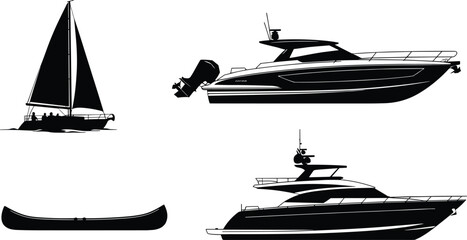 Black silhouette collection of luxury yacht, modern motorboat, sailboat, and rowing canoe isolated on white background for marine transportation and nautical design © Ponkaj