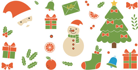 Fototapeta premium Christmas icon set with Santa snowman decorated tree gifts and holly in a festive flat vector style,