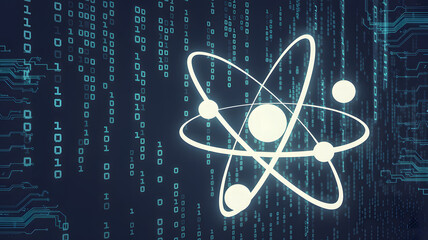 Glowing atom symbol representing nuclear energy or quantum physics on a digital data background