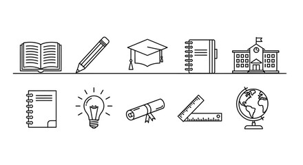 A minimalist line drawing illustration of various education icons including books, a pencil, graduation cap, school building, notebook, light bulb, diploma, ruler, and globe on a clean