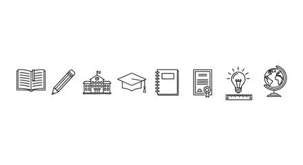 A collection of line icons related to education and learning on a white background with a minimalist design style.