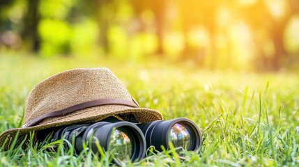 binoculars. A safari hat rests on grass beside binoculars, bathed in warm sunlight with a shallow focus effect. lifestyle magazines.
