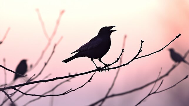 cawing. A single crow cawing on a bare branch at dawn with a soft-focus background. wildlife magazines, conservation campaigns, designed for wildlife conservation campaigns, used by photographers.