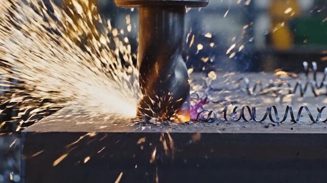 Close-up of a drill bit creating sparks while cutting into l in a factory.