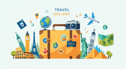 Naklejka premium Vibrant travel holiday illustration with suitcase landmarks globe camera and icons on white background conveying adventure and exploration