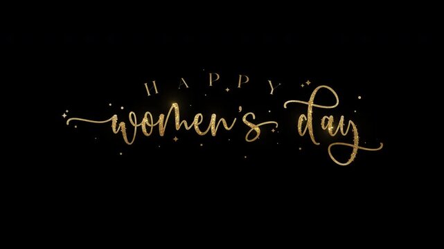 Happy womens day message in elegant gold script on a black background, perfect for greeting cards or social media posts.