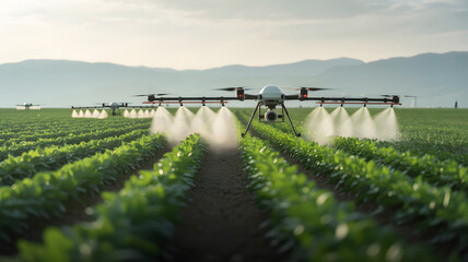 Agricultural drone spraying liquid fertilizer or pesticides over green crops in a large field.