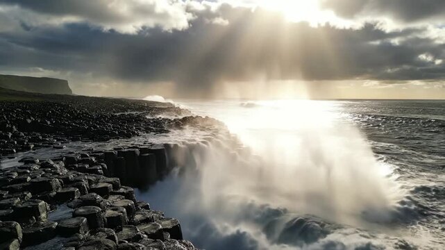 Dramatic ocean waves crashing against a basalt cliff beneath a stormy sky with sun rays