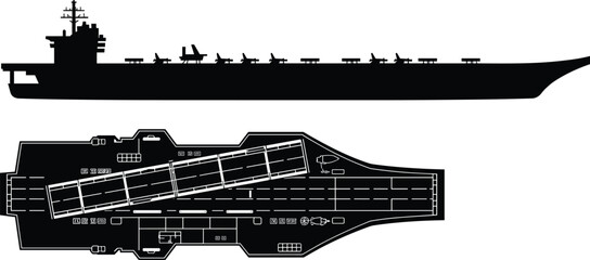 Black silhouette of naval aircraft carrier with fighter jets on deck including side and top view isolated on white background © Ponkaj