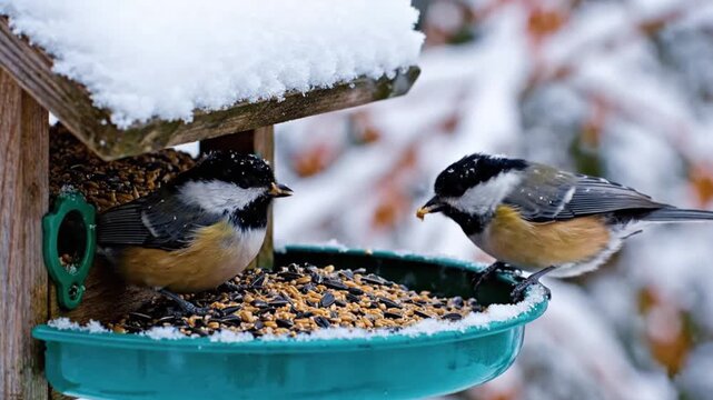 Three blackcapped chickadees gather around a snowcovered bird feeder filled with seeds in a snowy outdoor setting