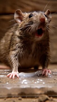 A brown rat is caught in a sticky glue trap on a wooden floor, struggling