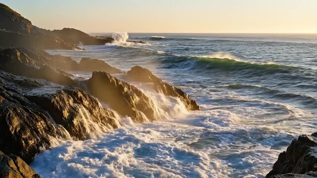 Powerful ocean waves crash against rugged coastal s during a beautiful golden