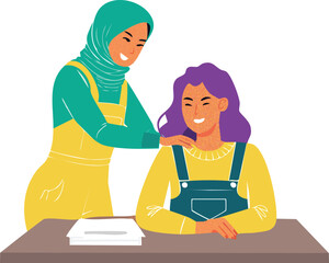 Woman in hijab supporting her friend at a desk vector