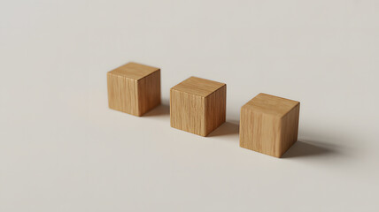 Three small wooden blocks arranged in a diagonal line on a neutral light gray background.