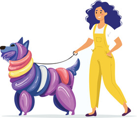 Girl walking a colorful balloon dog vector illustration