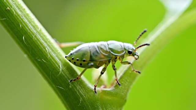 A close-up shot of a small, translucent green insect on a green stem, bright green background
