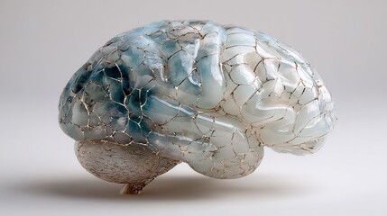 psychology. Translucent human brain model filled with storm clouds and cracked glass, floating in sterile light. STEM education sheets.