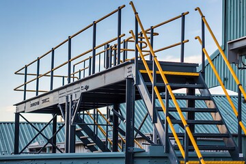 Industrial metal staircase and platform structure at construction site
