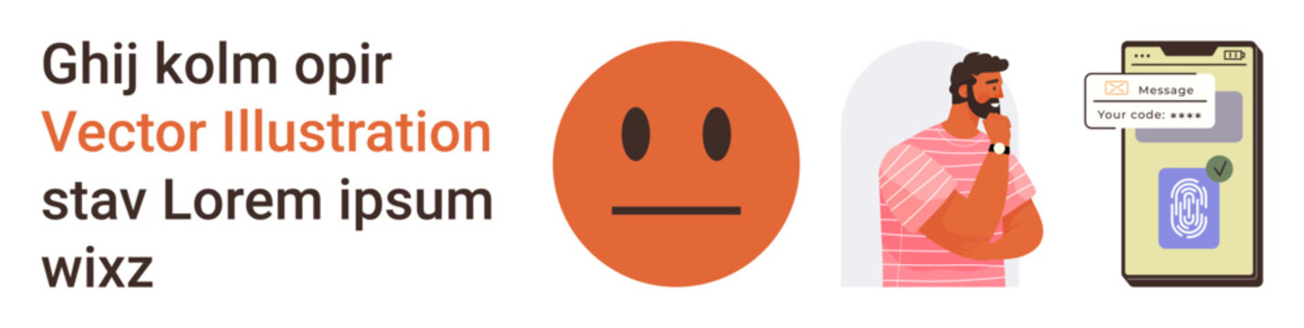 Identity verification, online security, user authentication, digital communication, cybersecurity, privacy. Neutral face emotion, man verifying login with a secure code on a smartphone. Identity