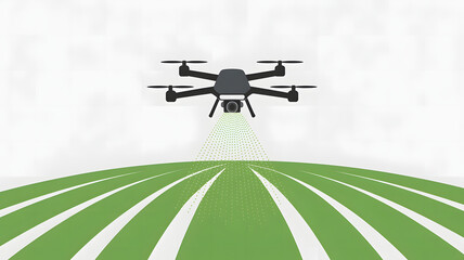 A pixel art illustration of an agricultural drone spraying a green field with seeds or fertilizer
