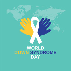 Fototapeta premium World Down Syndrome Day. 21 march World Down Syndrome day celebration flyer with a white ribbon and two gloves in yellow and blue colour. Down Syndrome day theme End The Stereotypes. vector file.