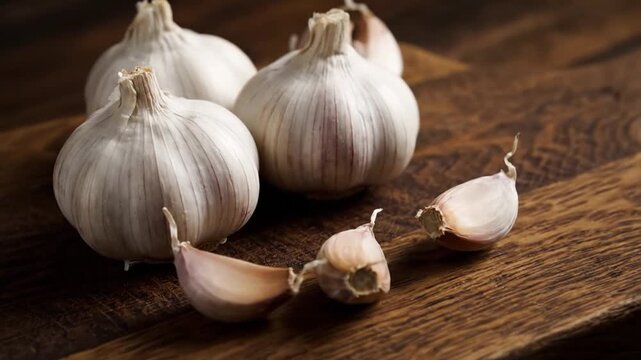 Fresh garlic bulbs on a wooden table