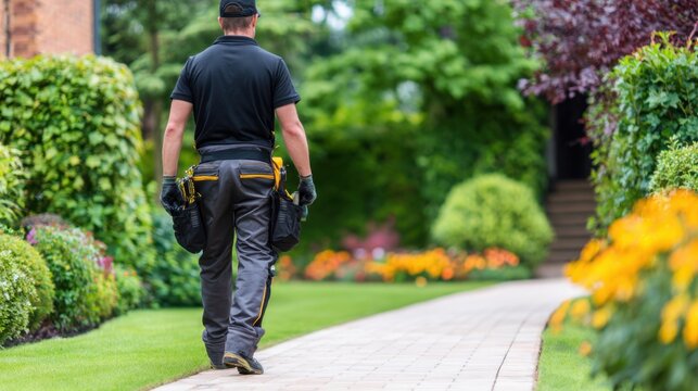 A man in dark attire walks along a sunlit garden path, bordered by sculpted hedges and bright flowers today.!!