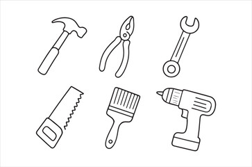 Fototapeta premium Simple line drawing depicts common hand tools including a hammer pliers and drill