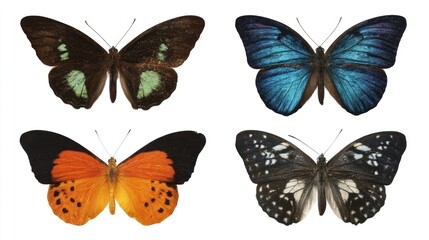 Naklejka premium Four vibrant butterflies displayed individually against a plain white background,