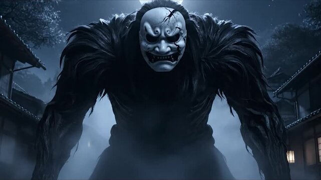 Terrifying Japanese Oni Demon Appears in a Traditional Village at Night Under a Full Moon.