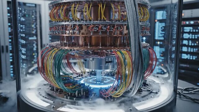 Advanced quantum computer with intricate wiring and glowing blue core.
